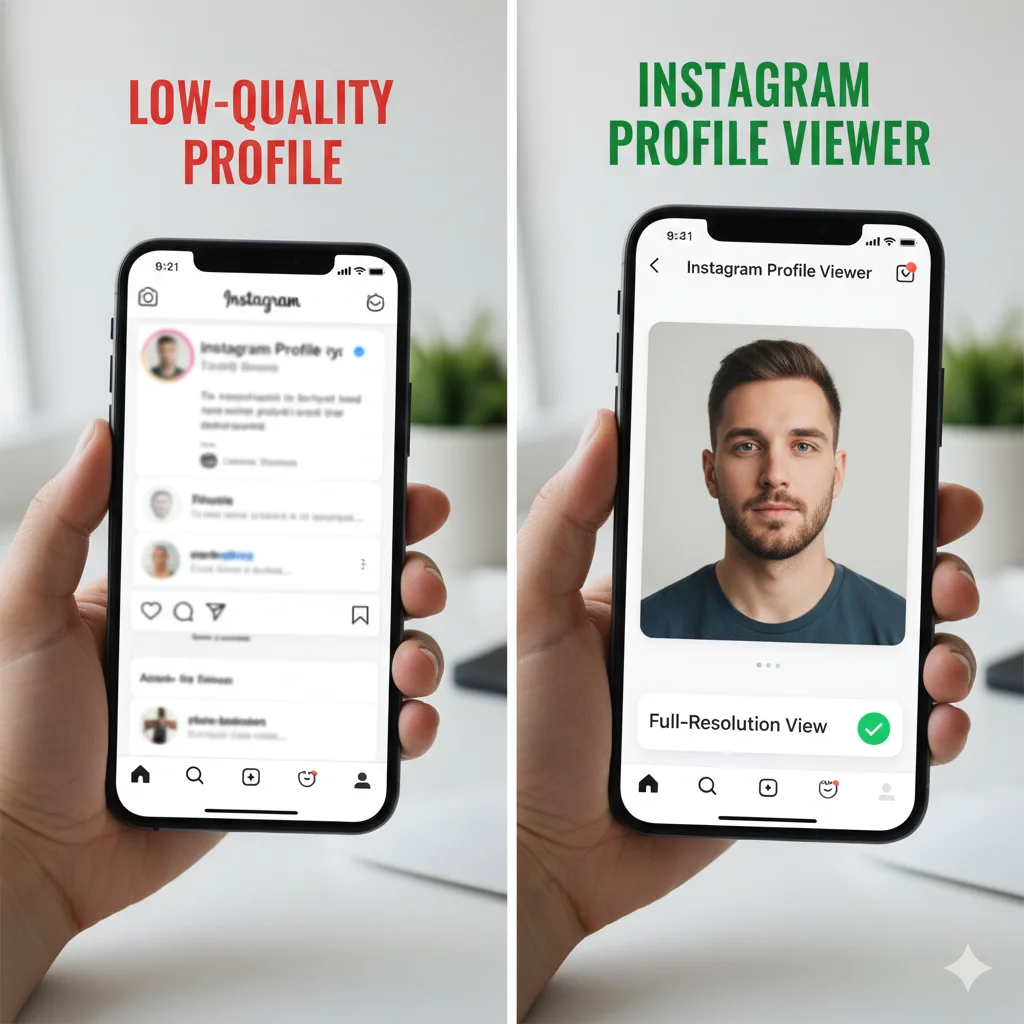 Comparison of standard Instagram profile view versus high-res view using an Instagram Profile Viewer